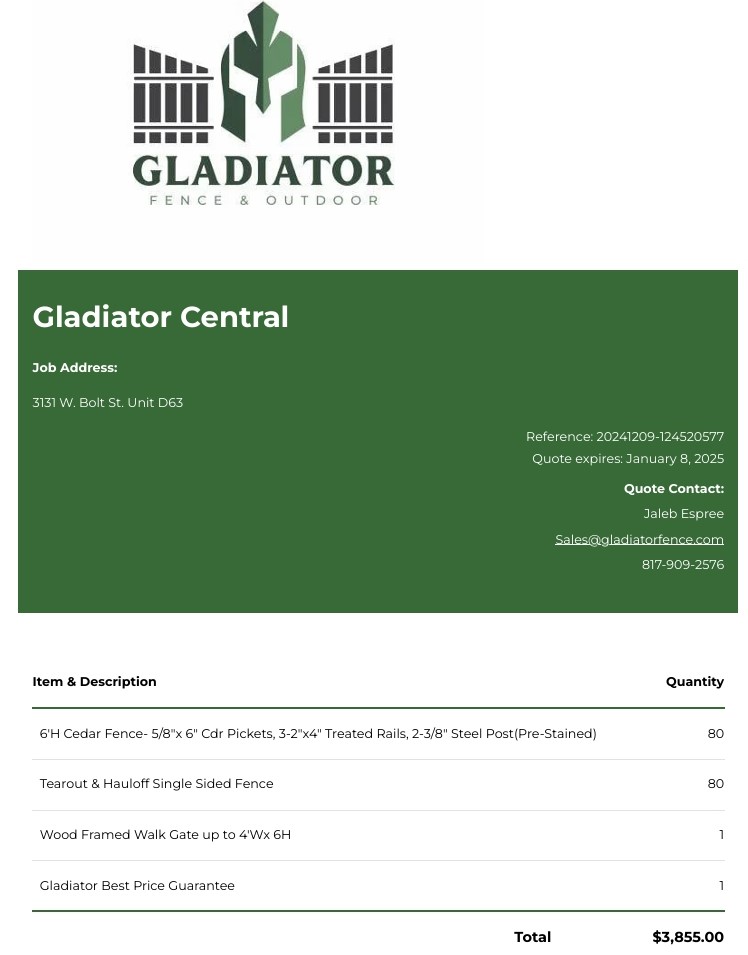 Project estimate from Gladiator Fence & Outdoors